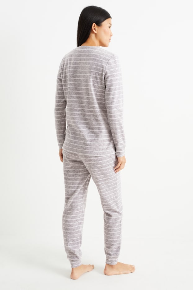 Dámské - Fleecové pyžamo - pruhované - světle šedá