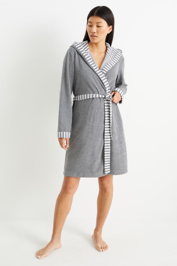 Women - Terry cloth bathrobe with hood - gray-melange