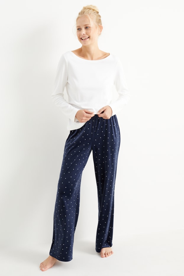 Damen - Pyjamahose - gepunktet - dunkelblau