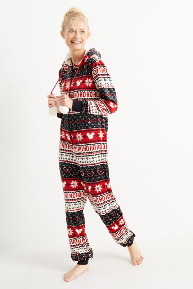 Damen - Weihnachts-Fleece-Onesie mit Kapuze - Micky Maus - rot