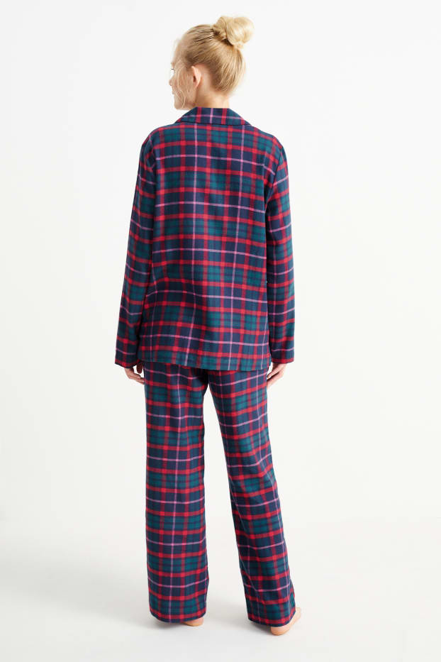 Damen - Flanell-Pyjama - kariert - dunkelblau