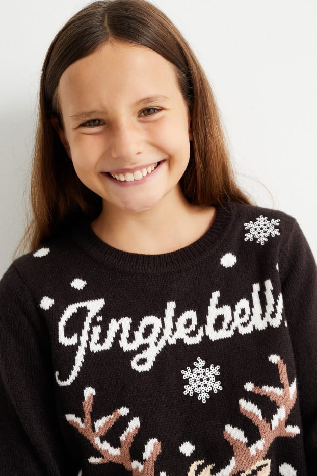 Enfants filles - Renne - pull de Noël - noir