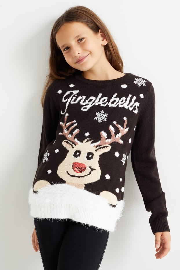 Enfants filles - Renne - pull de Noël - noir