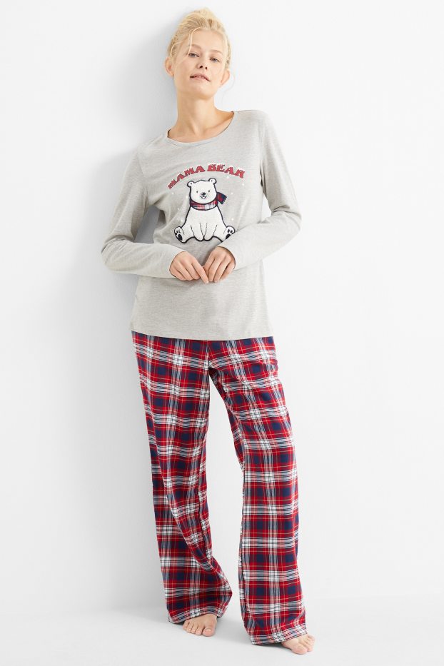 Women - Christmas pyjamas with flannel bottoms- polar bear - light gray-melange