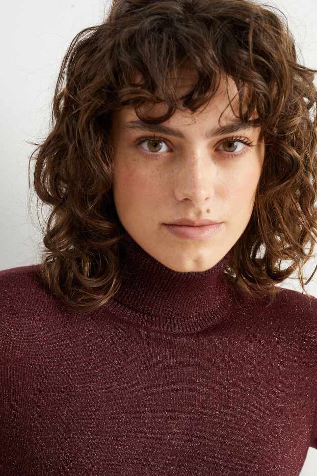 Women - Polo neck jumper - shiny - bordeaux