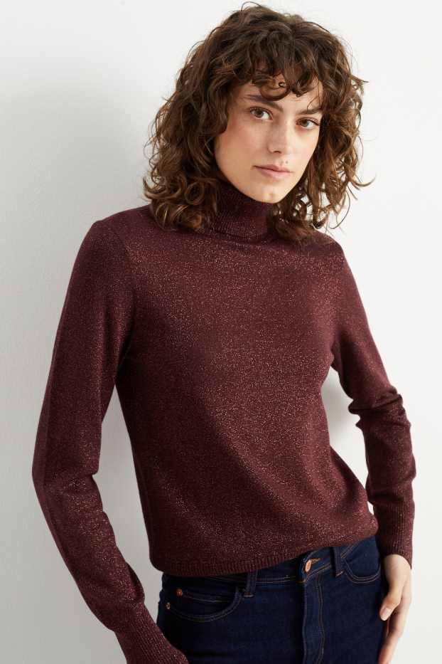Women - Polo neck jumper - shiny - bordeaux