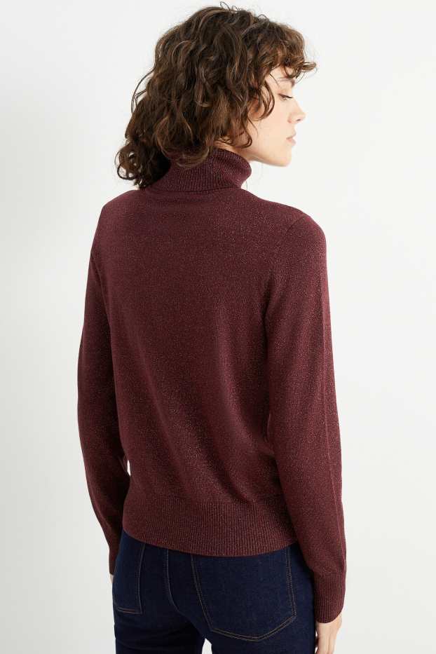 Women - Polo neck jumper - shiny - bordeaux