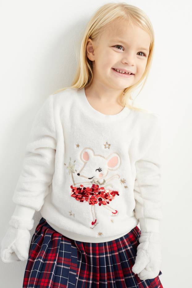 Kinder Mädchen - Maus - Weihnachts-Set - Pullover und Fäustlinge - 2 teilig - cremeweiß