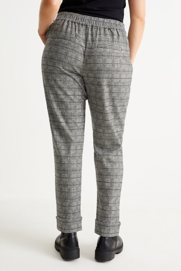 Dámské - Plátěné kalhoty - high waist - tapered fit - kostkované - šedá