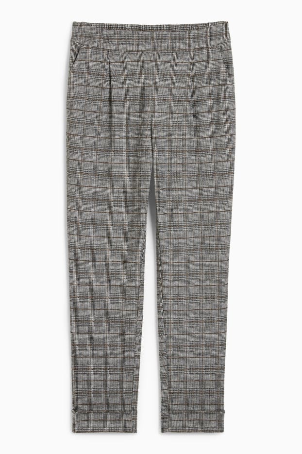 Dámské - Plátěné kalhoty - high waist - tapered fit - kostkované - šedá