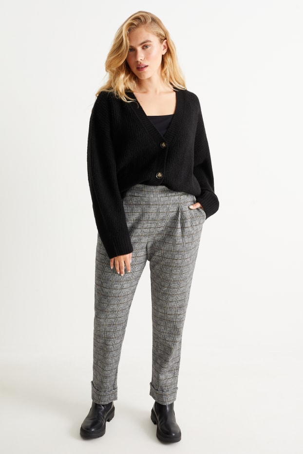 Dámské - Plátěné kalhoty - high waist - tapered fit - kostkované - šedá