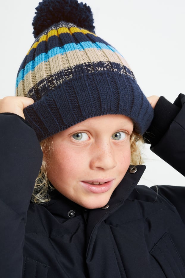 Kinder Jungen - Strick-Mütze - gestreift - dunkelblau