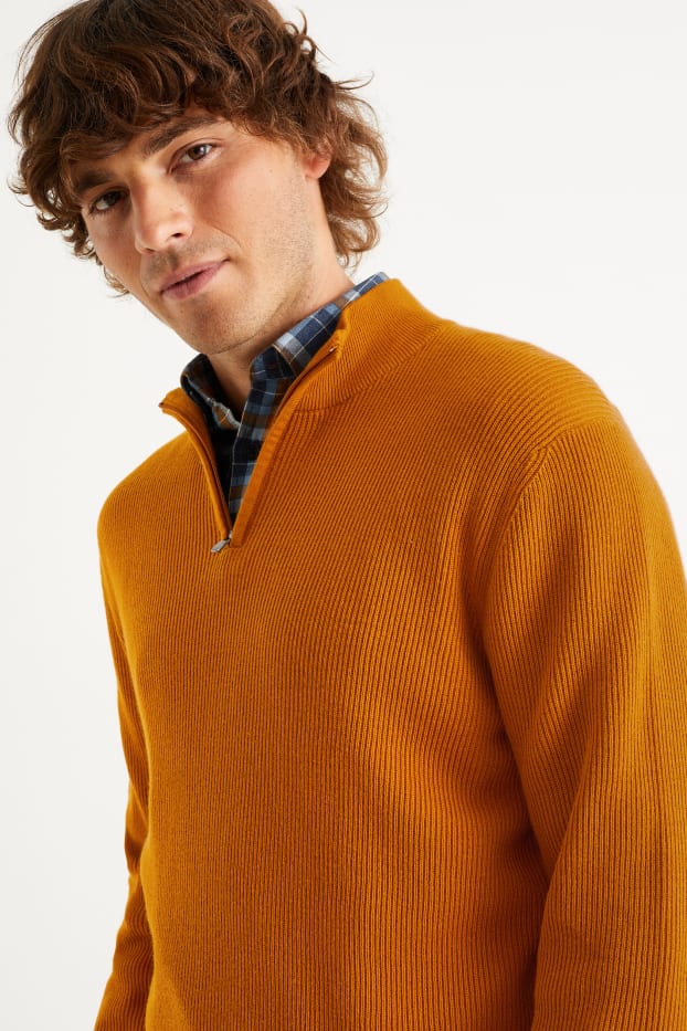 Men - Jumper and shirt - regular fit - button-down collar - havanna