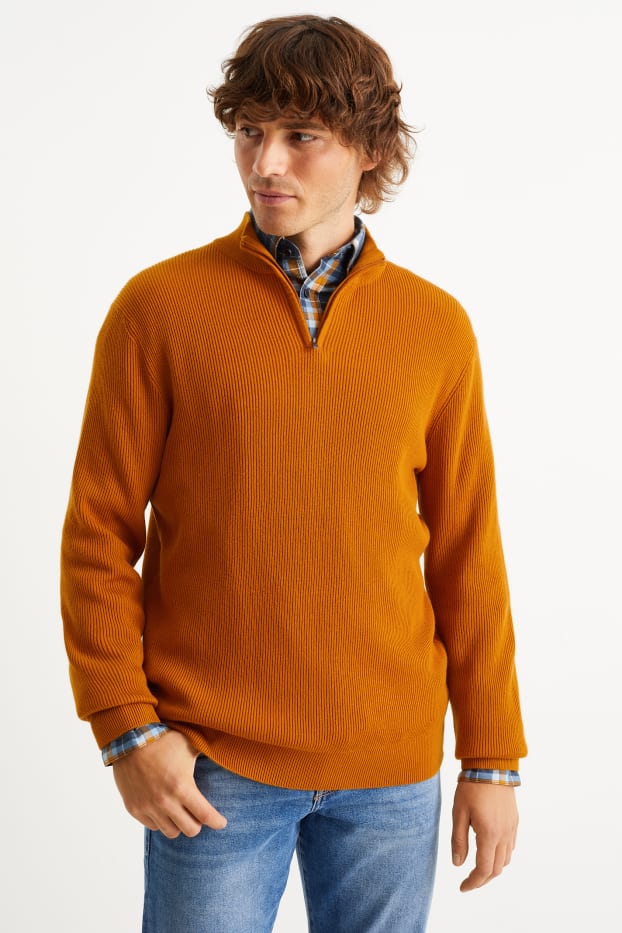 Men - Jumper and shirt - regular fit - button-down collar - havanna