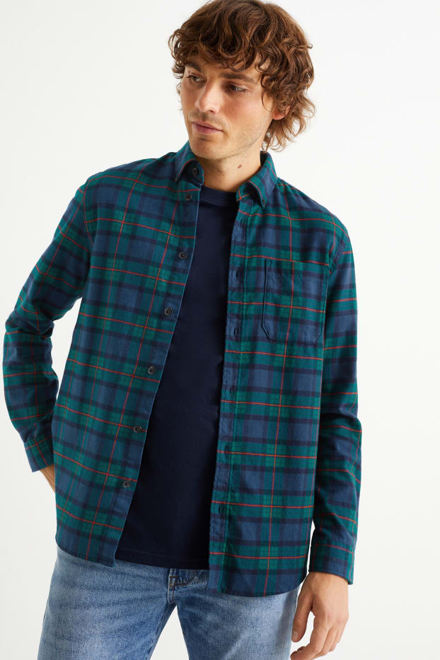 Bărbați - Cămașă din flanel - regular fit - guler cu nasturi - în carouri - albastru