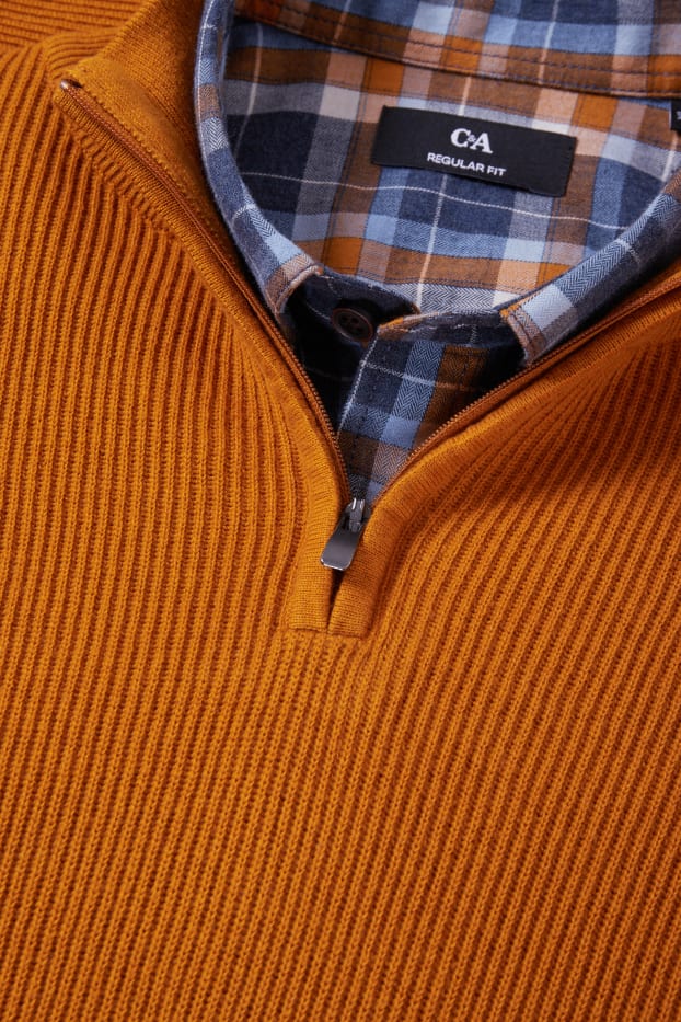 Men - Jumper and shirt - regular fit - button-down collar - havanna