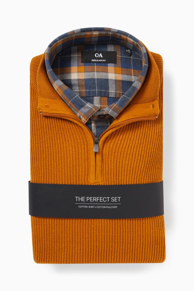 Men - Jumper and shirt - regular fit - button-down collar - havanna