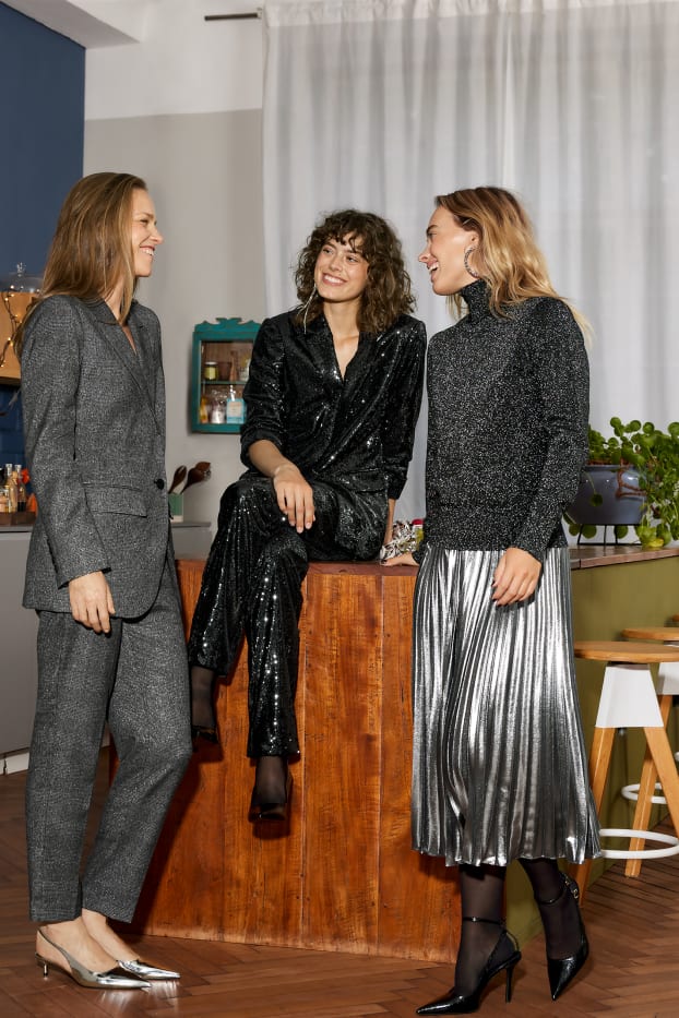 Women - Sequin trousers - high waist - tapered fit - black