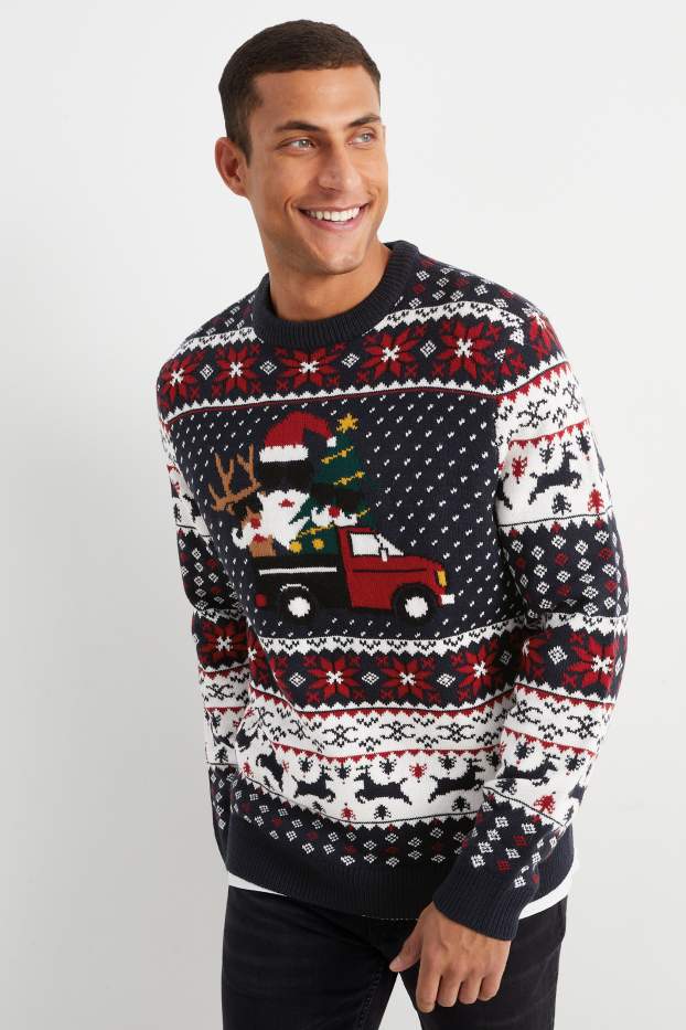 Uomo - Maglione natalizio - Babbo Natale - blu scuro