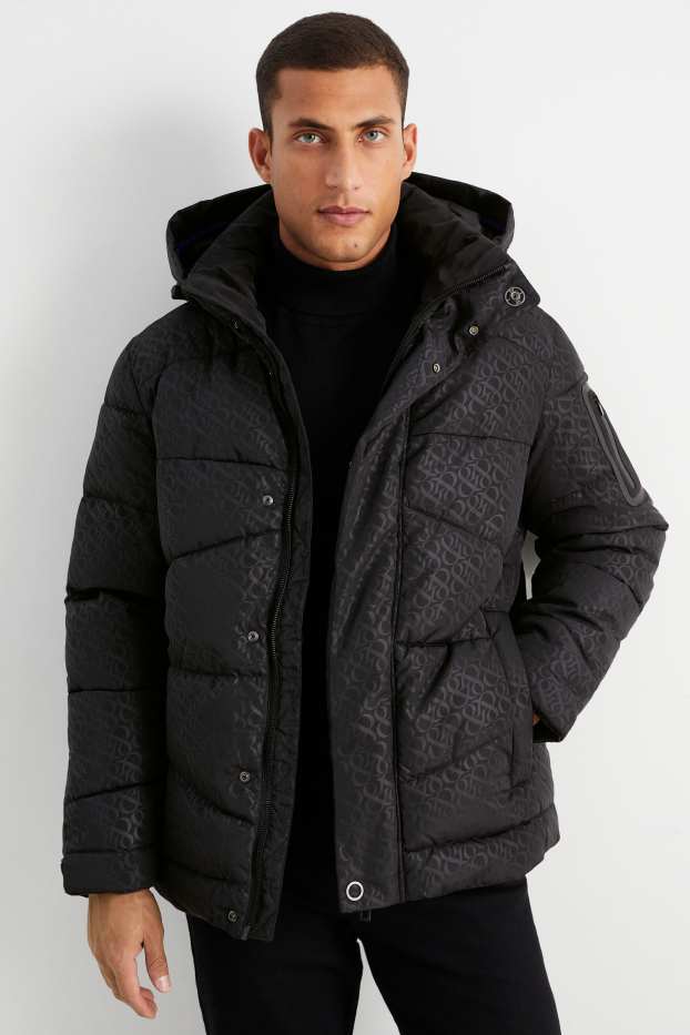 Heren - Gewatteerde jas met capuchon - met patroon - zwart