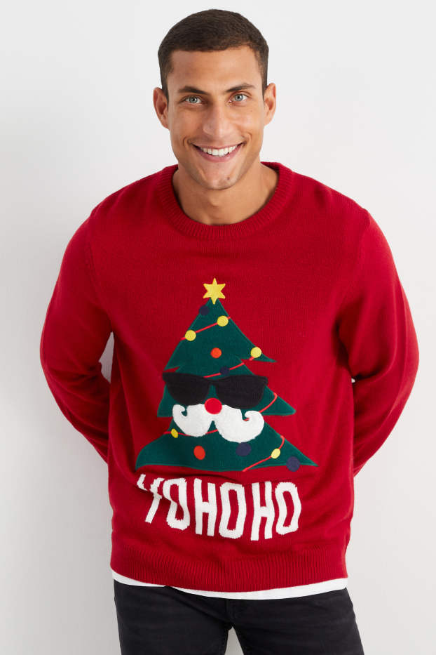 Uomo - Maglione natalizio - albero di Natale - rosso scuro
