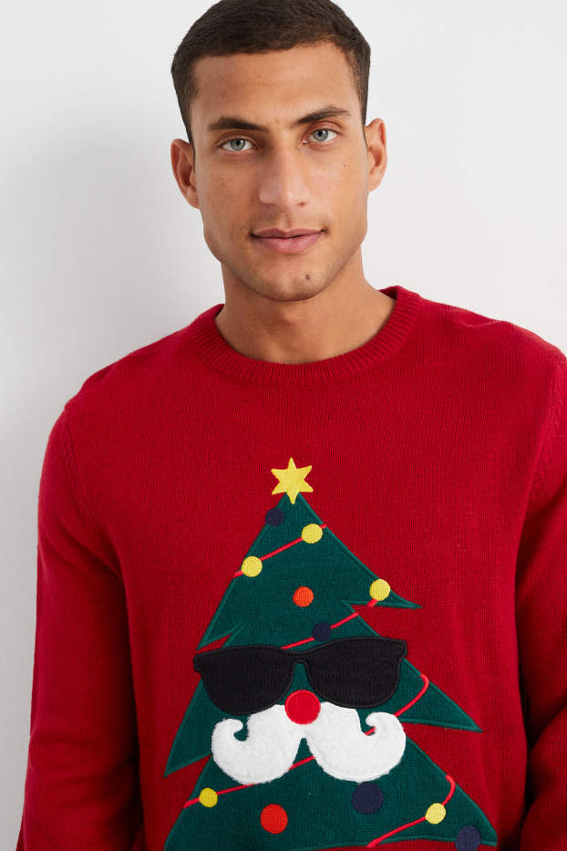 Uomo - Maglione natalizio - albero di Natale - rosso scuro