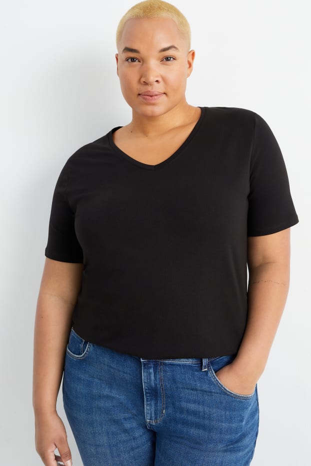 Damen - Multipack 2er - T-Shirt mit V-Ausschnitt - schwarz