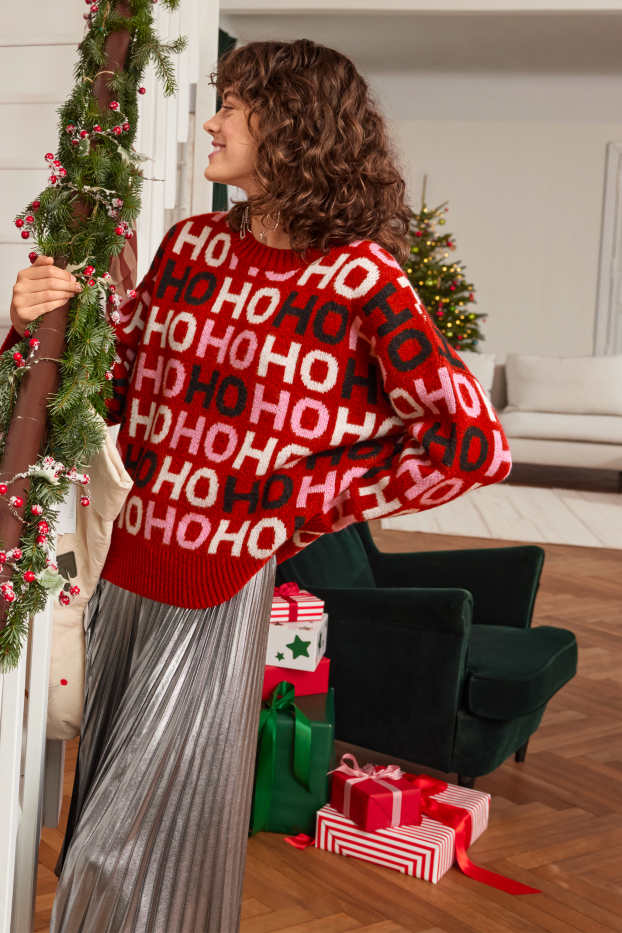 Women - Christmas jumper - Ho Ho Ho - dark red