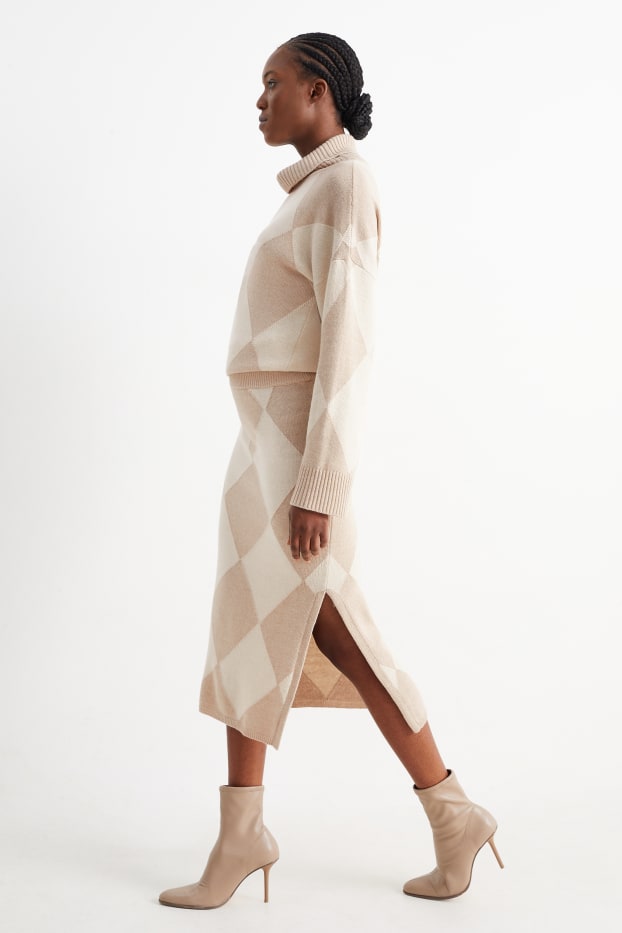 Women - Knitted skirt with cashmere - check - beige
