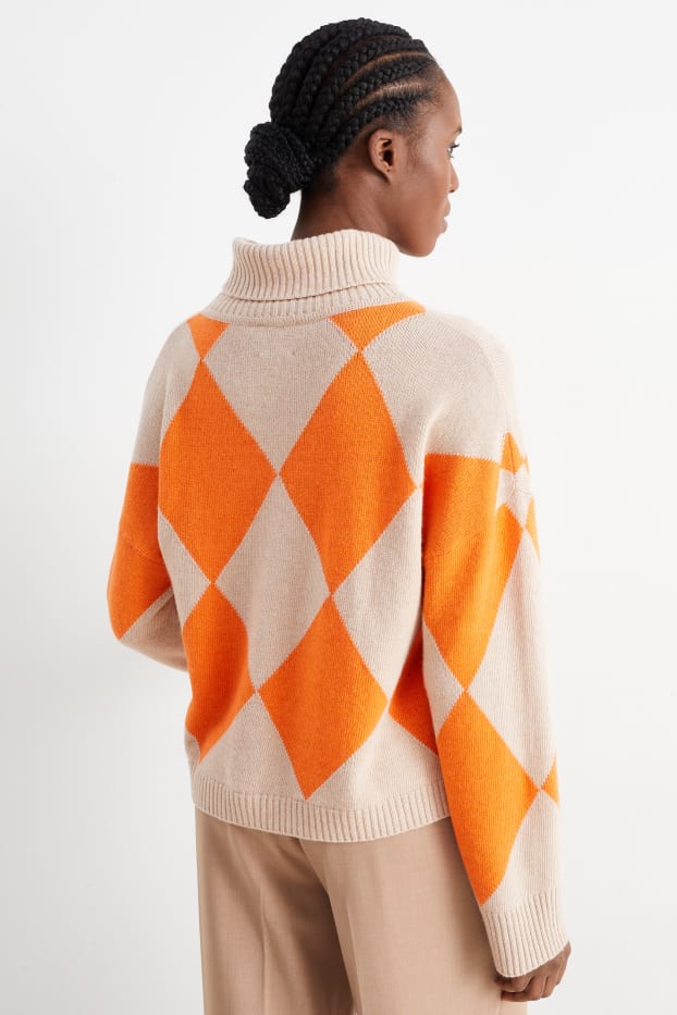 Women - Polo neck jumper with cashmere - check - orange