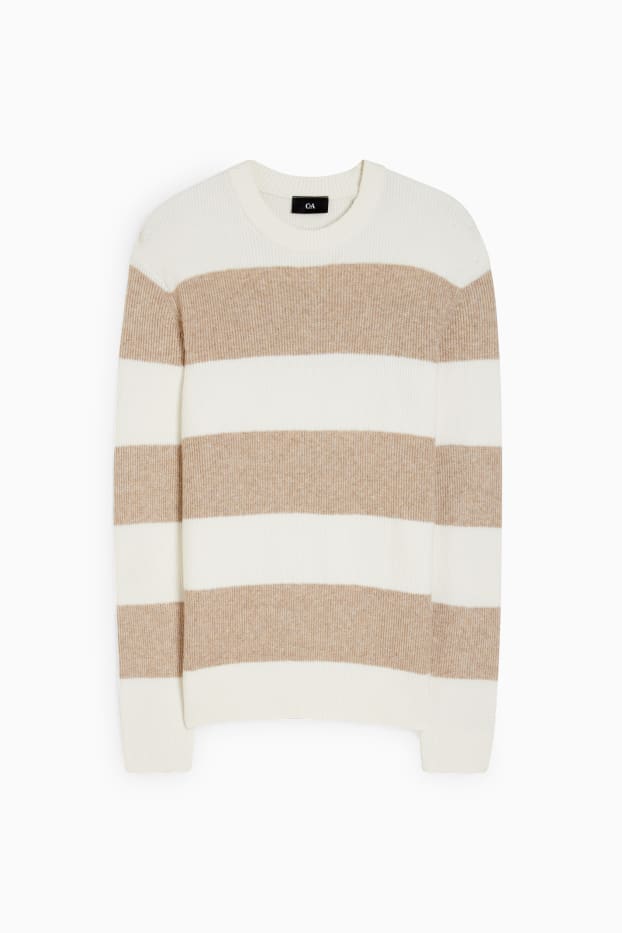 Hommes - Pull - finition côtelée - à rayures - blanc / beige