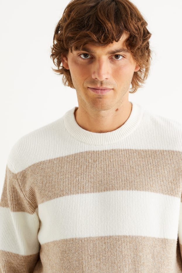 Hommes - Pull - finition côtelée - à rayures - blanc / beige