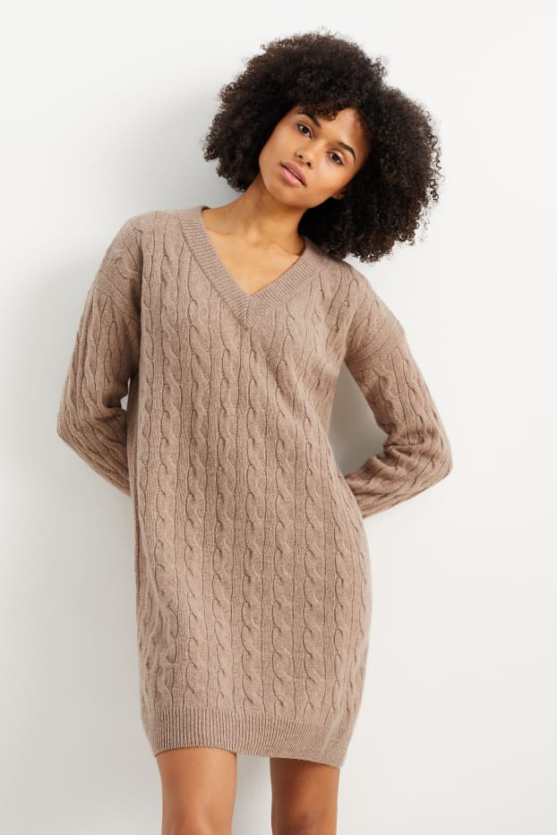 Women - Knitted cashmere dress - cable knit pattern - taupe