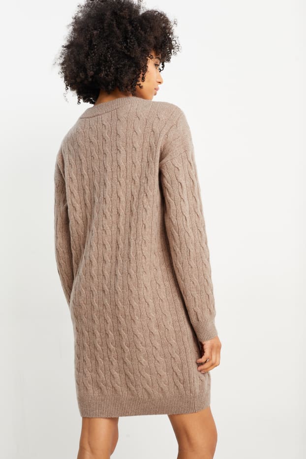 Women - Knitted cashmere dress - cable knit pattern - taupe