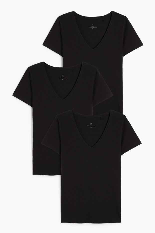 Dames - Set van 3 - basic T-shirt met V-hals - zwart