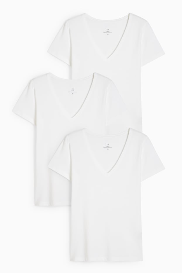 Dames - Set van 3 - basic T-shirt met V-hals - wit
