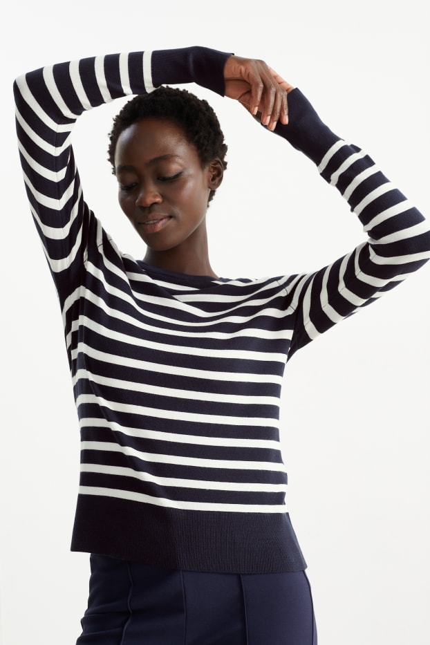 Kobiety - Sweter z linii basic - w paski - ciemnoniebieski