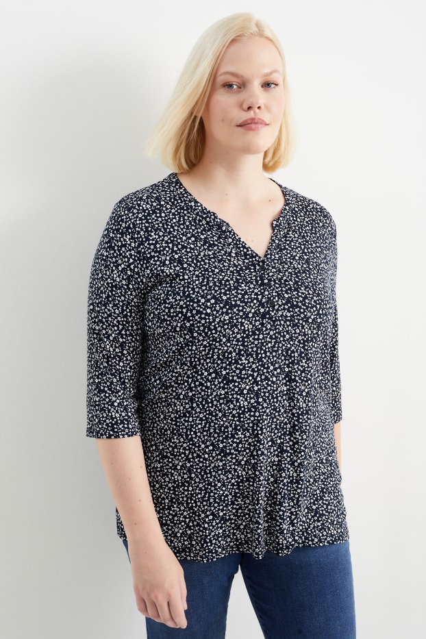 Dames - Longsleeve - gebloemd - donkerblauw