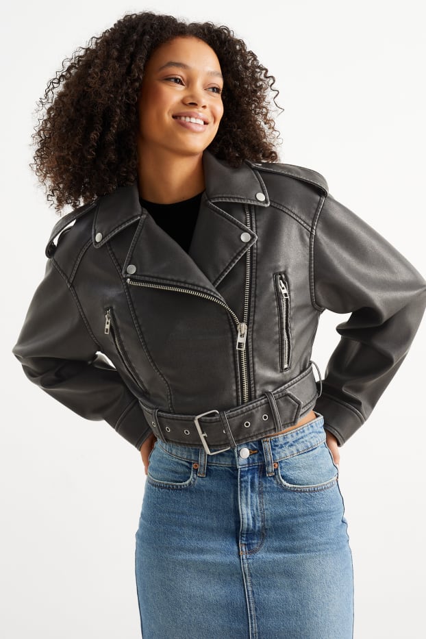 Dames - CLOCKHOUSE - kort bikerjack - imitatieleer - zwart