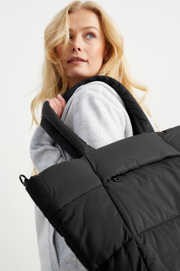 Femei - Geantă shopper matlasată, mare, cu curea detașabilă - negru