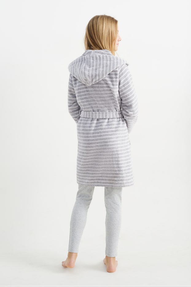 Children Girls - Bathrobe with hood - striped - gray