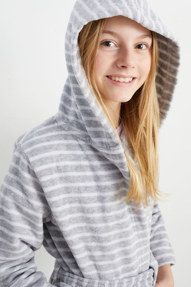 Children Girls - Bathrobe with hood - striped - gray