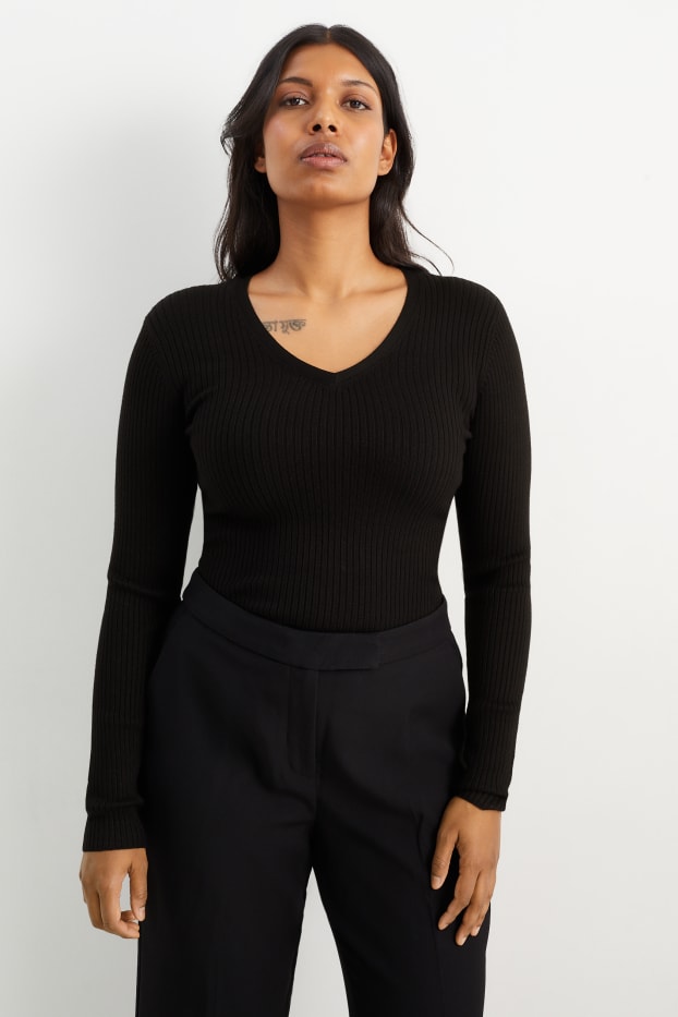 Femei - Pulover basic cu decolteu în V - reiat - negru