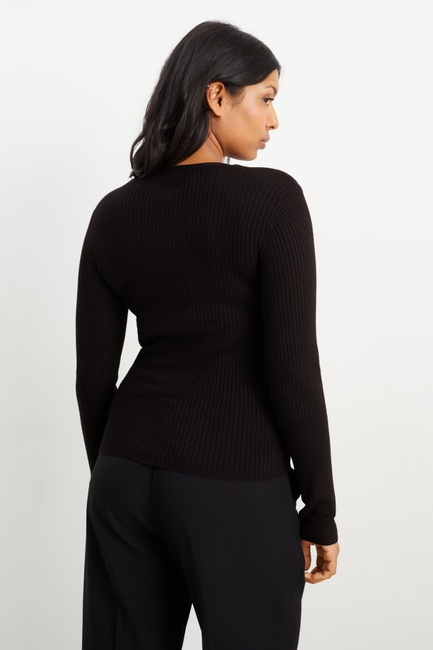 Femei - Pulover basic cu decolteu în V - reiat - negru