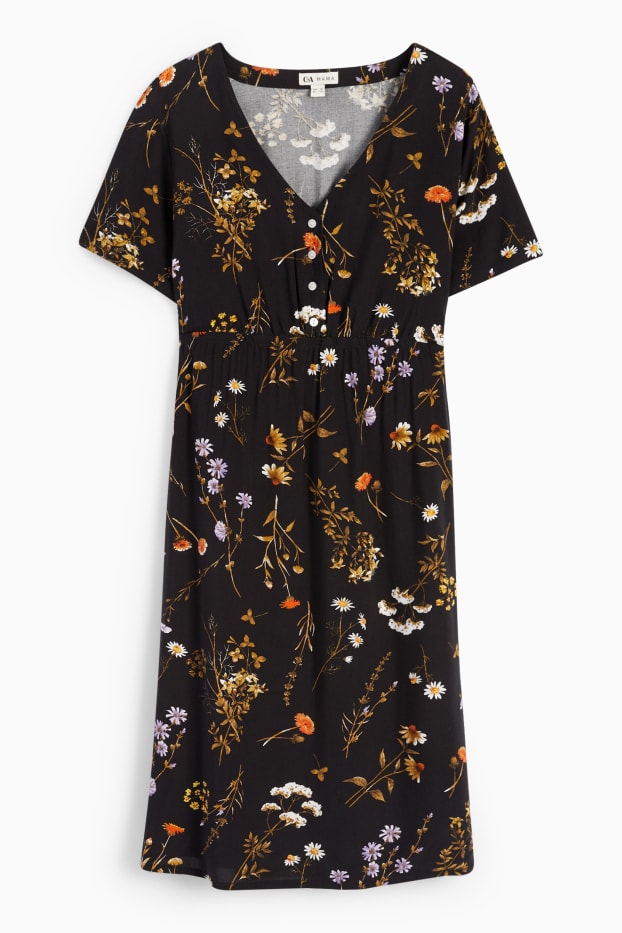 Damen - Viskose-Still-Kleid - geblümt - schwarz