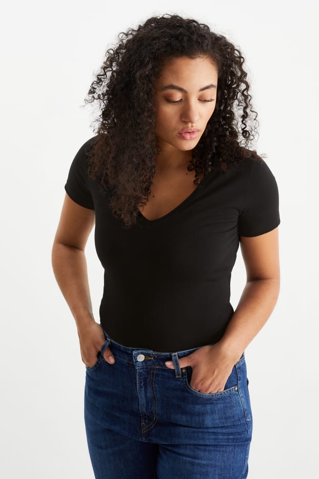 Dames - Set van 3 - basic T-shirt met V-hals - zwart