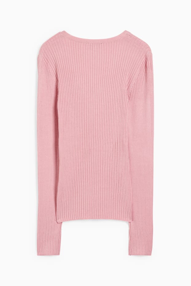 Femmes - Pullover basique à col V - matière côtelée - rose