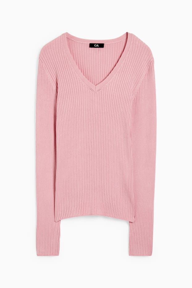 Femmes - Pullover basique à col V - matière côtelée - rose