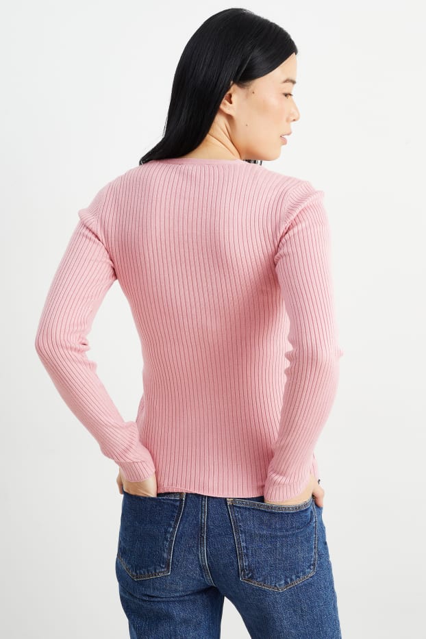 Femmes - Pullover basique à col V - matière côtelée - rose