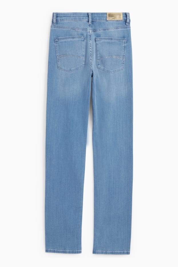 Women - Straight jeans with rhinestones - mid-rise waist - denim-light blue